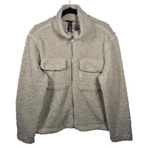 H&M Jacket Womens L Beige Sherpa Teddy Coat Full Zip Pockets Fleece Winter